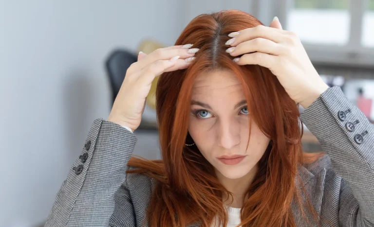 Red-haired-woman-checking-her-root-regrowth-in-mirror